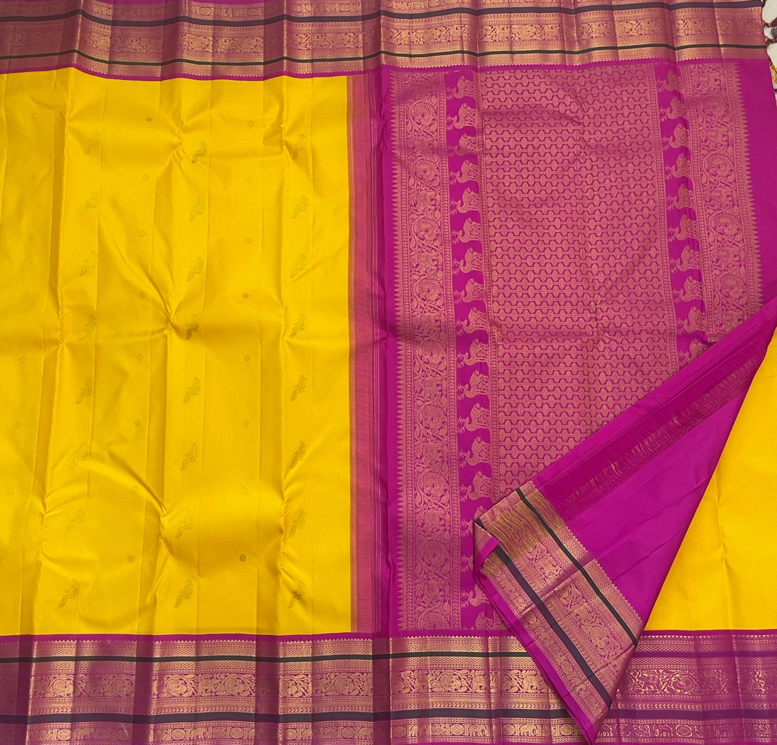 Bright Yellow with Magenta Pink Border Pure Kanchipuram Handloom Bridal Silk Saree